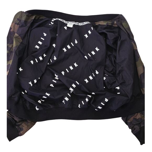 Victoria Secret Pink Semi Crop Black Camoflauge Womens Bomber Jacket L - Picture 4 of 6